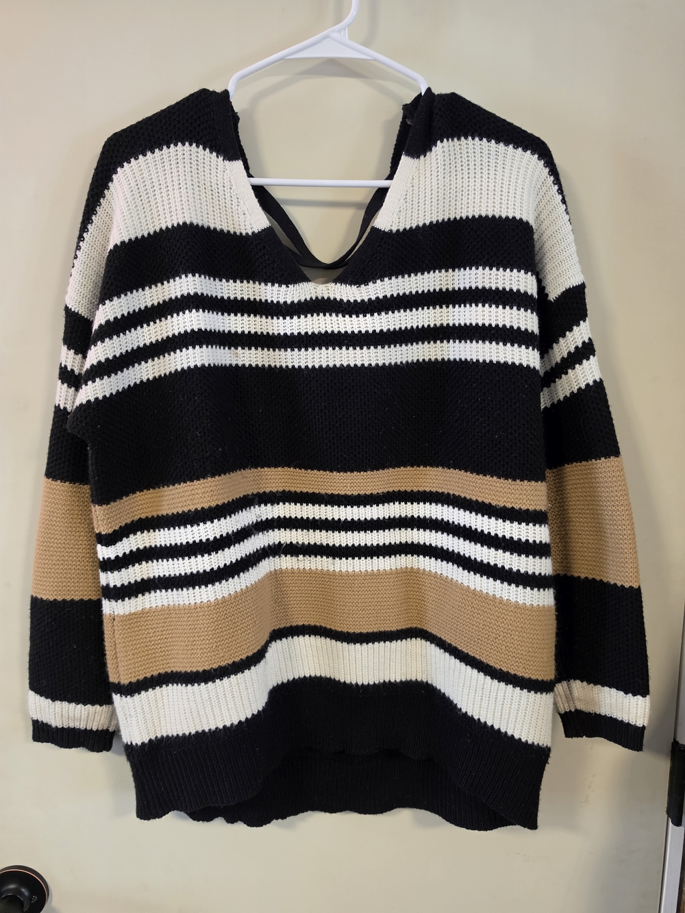 Black, White & Tan Striped V-Neck Sweater